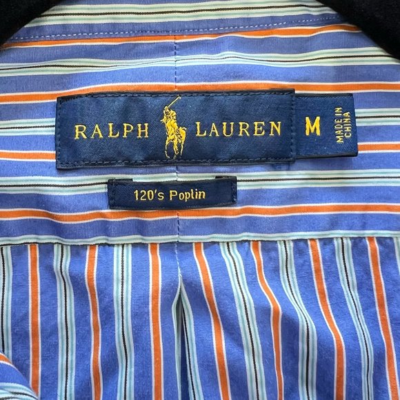 Polo Ralph Lauren Men's Medium Button Up Purple Orange Bar Stripe 120's Poplin - Picture 4 of 12
